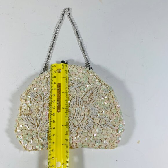 Flapper Beaded Sequined Evening Bag Kiss Clasp VTG Purse Silver Chain Strap - Picture 10 of 12